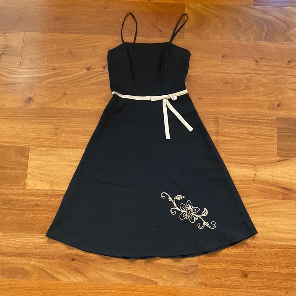 Formal Black Dress with Gold Ribbon and Embroidered Decal